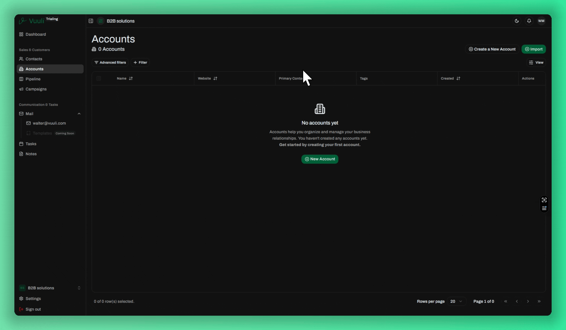 CSV import feature showing the accounts import interface in Vuuli CRM